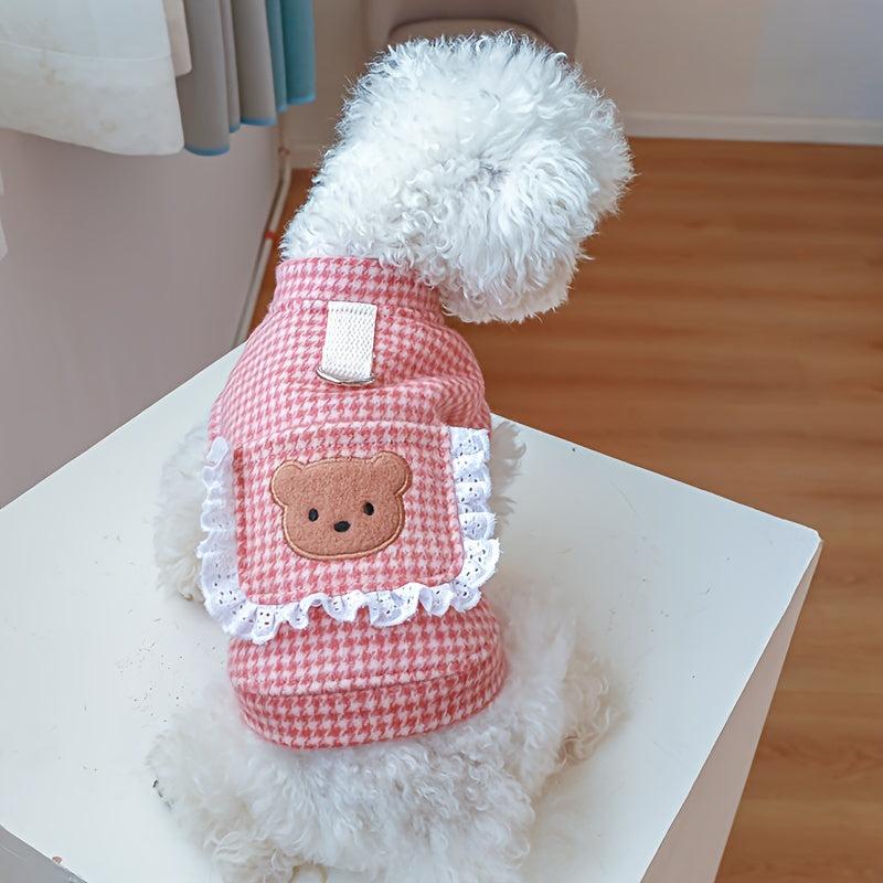 Houndstooth Pet Coat with Bear Embroidery