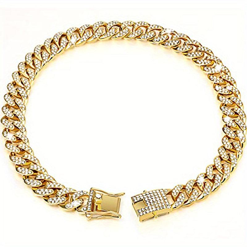 Sparkling Diamond Cuban Chain Collar for Dogs Secure Buckle & Walking