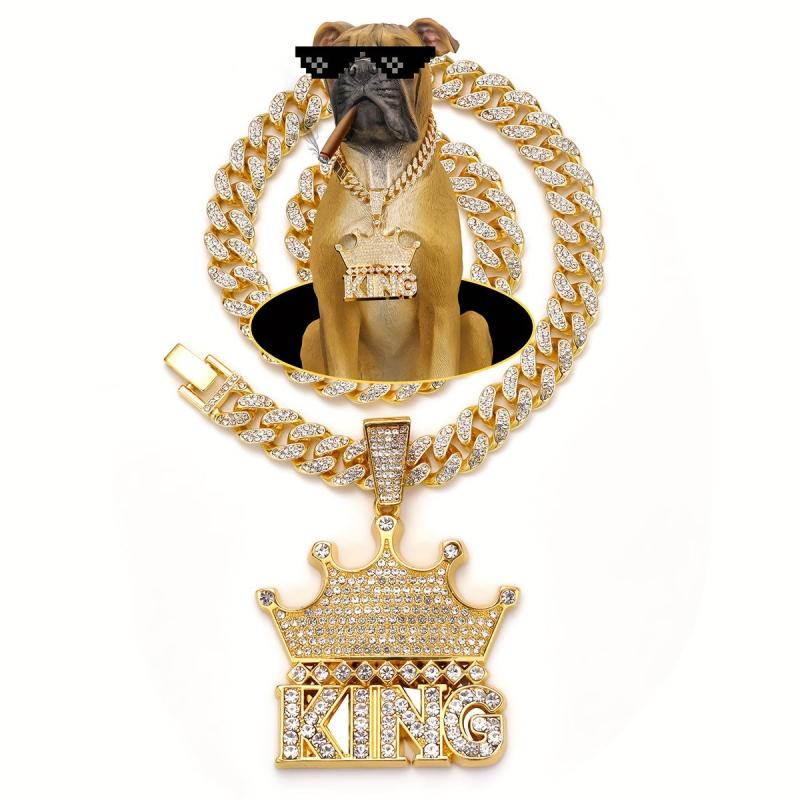 Hip Hop Rhinestone Crowned King Pendant Necklace for Pets