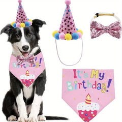 Dog Birthday Bandana Scarf & Party Hat with Bow Tie for Small Medium Large Dog