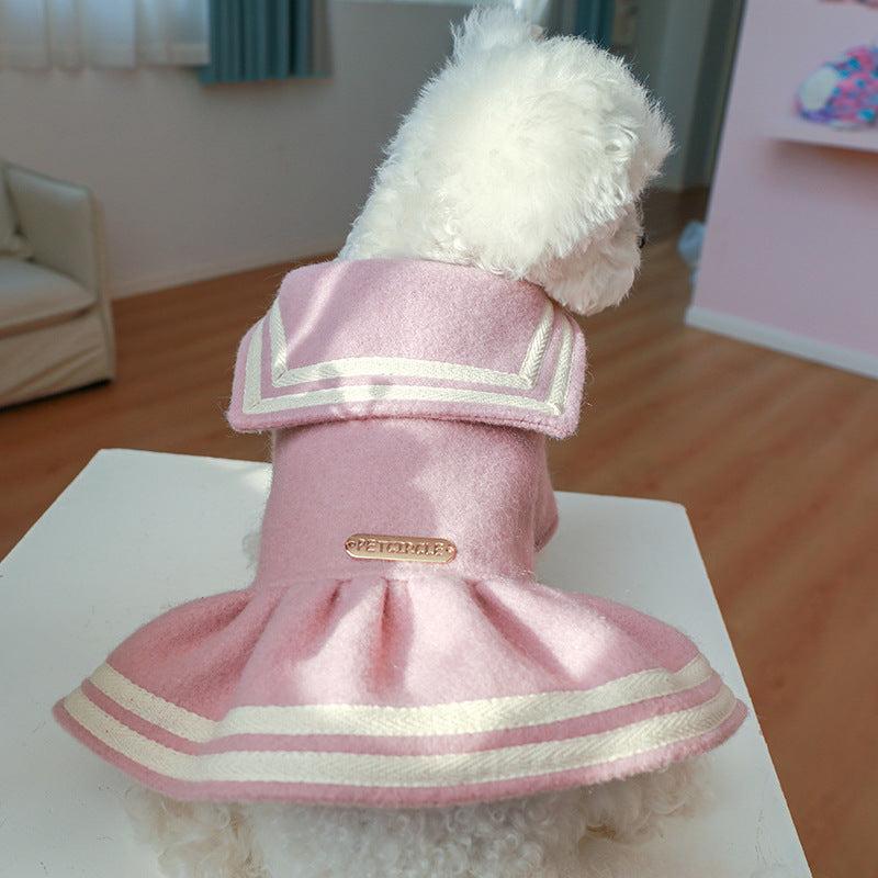 Letter Patch Sailor Collar Pet Dress Autumn Winter Dog Warm Clothes