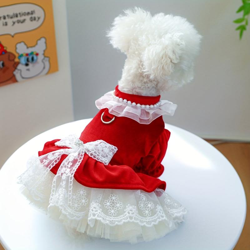 Velvet Princess Dog Dress with Bow Knot Lace Trim