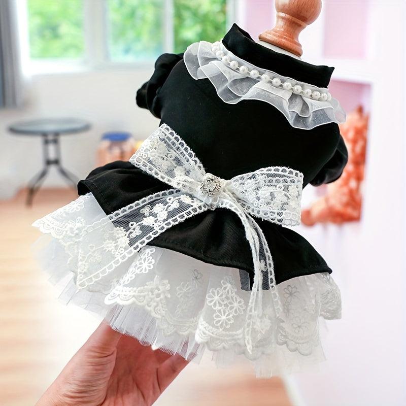Velvet Princess Dog Dress with Bow Knot Lace Trim