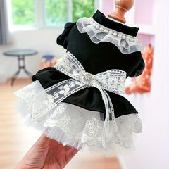 Velvet Princess Dog Dress with Bow Knot Lace Trim
