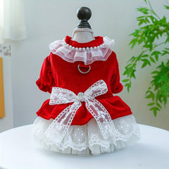 Velvet Princess Dog Dress with Bow Knot Lace Trim