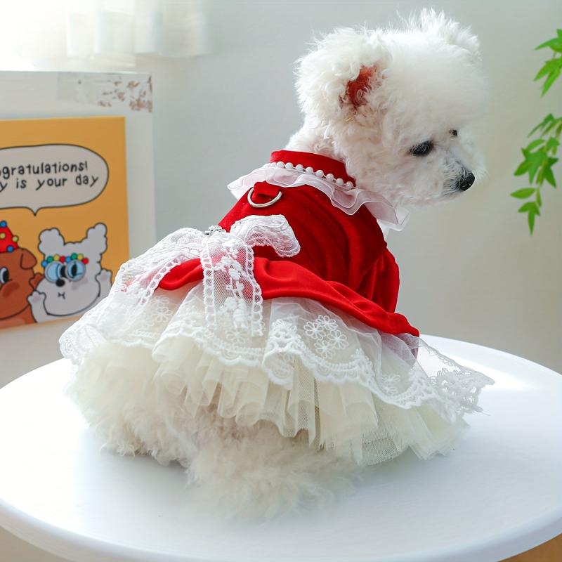 Velvet Princess Dog Dress with Bow Knot Lace Trim