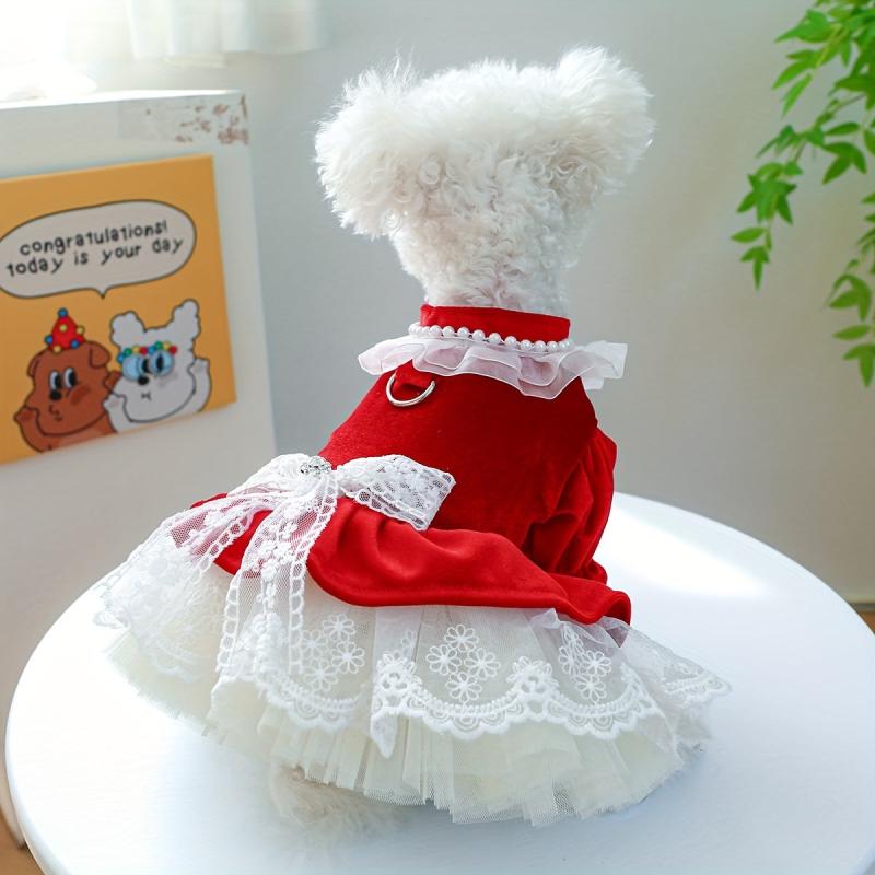 Velvet Princess Dog Dress with Bow Knot Lace Trim