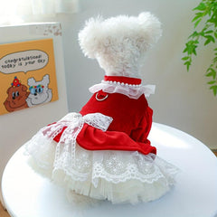 Velvet Princess Dog Dress with Bow Knot Lace Trim