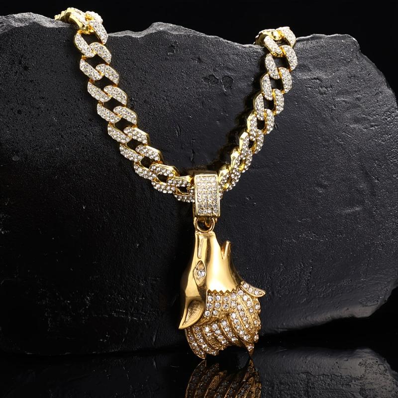 Cuban Chain Dog Collar with Rhinestone Wolf Head Pendant