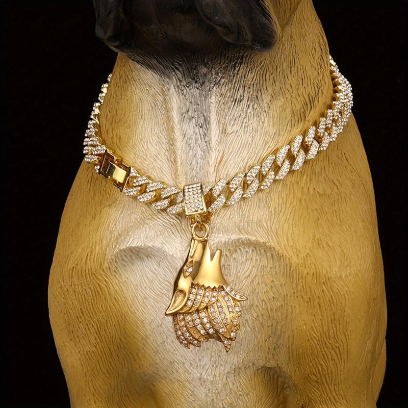Cuban Chain Dog Collar with Rhinestone Wolf Head Pendant