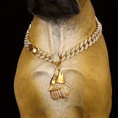 Cuban Chain Dog Collar with Rhinestone Wolf Head Pendant