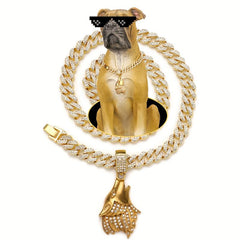Cuban Chain Dog Collar with Rhinestone Wolf Head Pendant