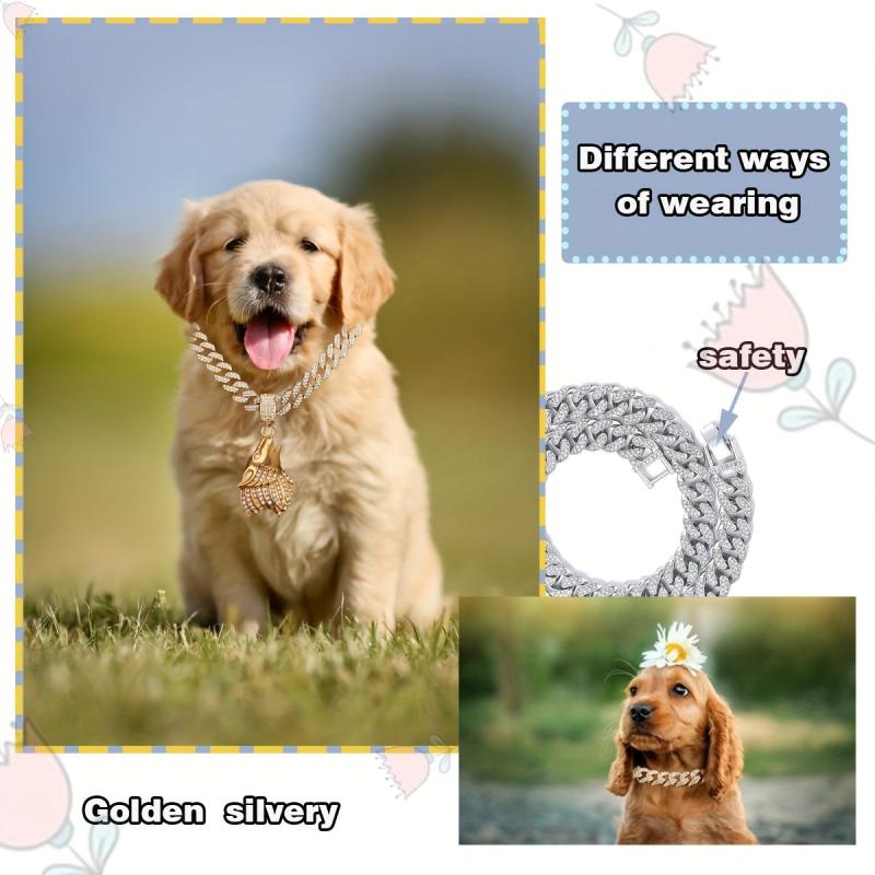 Cuban Chain Dog Collar with Rhinestone Wolf Head Pendant