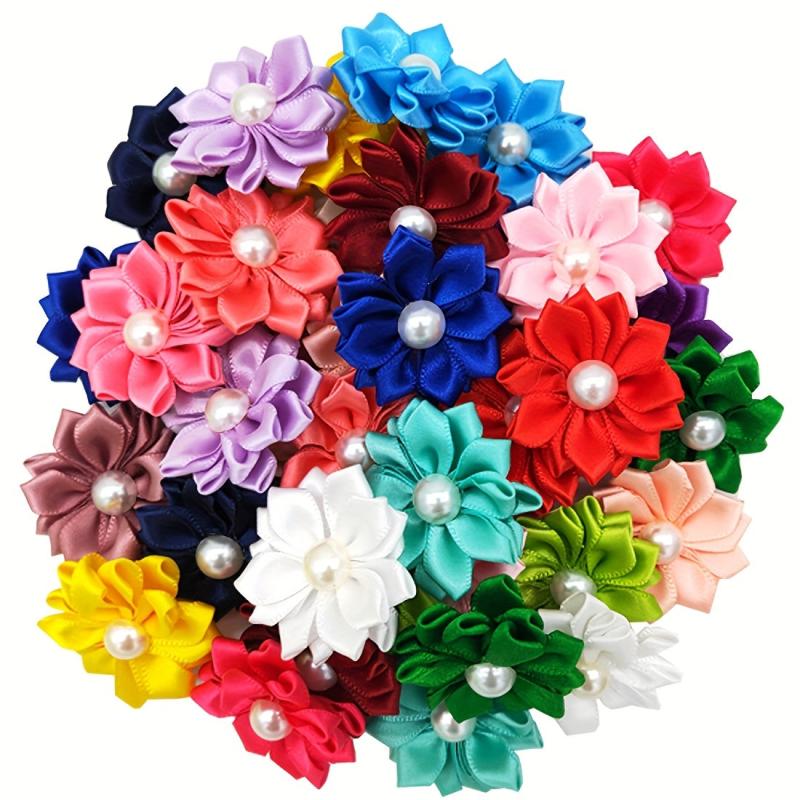 10pcs Dog Hair Bows Mix Colors Pearls Rubber Bands Grooming Puppies