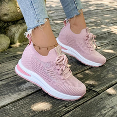 Women's Rhinestone Wedge Sneakers Air Cushion Lace Up Shoes
