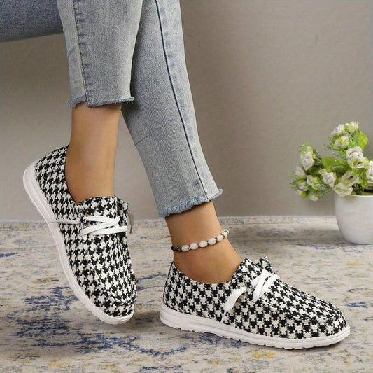 Women's Houndstooth Canvas Shoes Slip On Casual Flat Sneakers