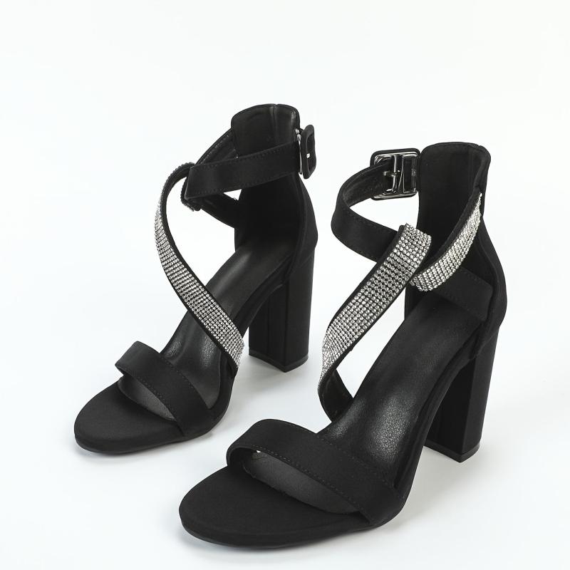 Rhinestone Ankle Strap High Heels Open Toe Block Heels Party Sandals