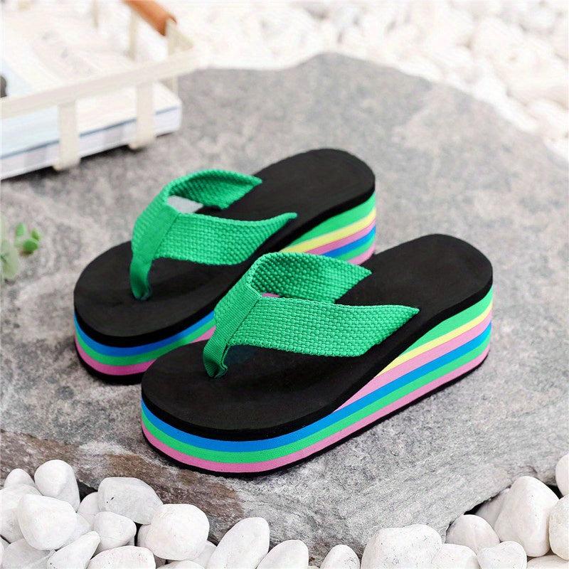 Women's Rainbow Platform Wedge Flip Flops Slides