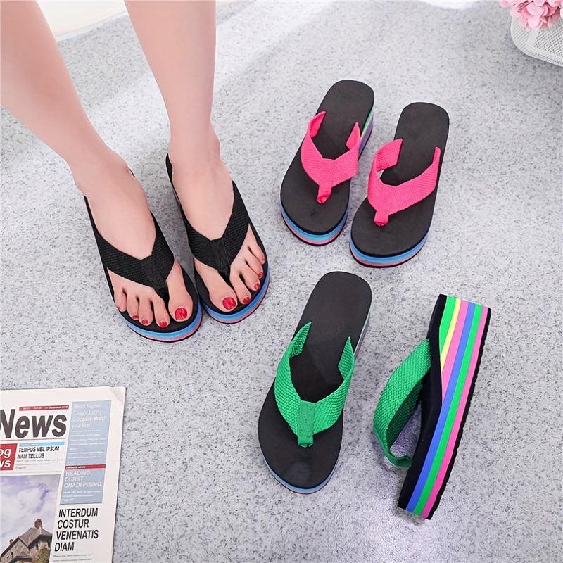 Women's Rainbow Platform Wedge Flip Flops Slides