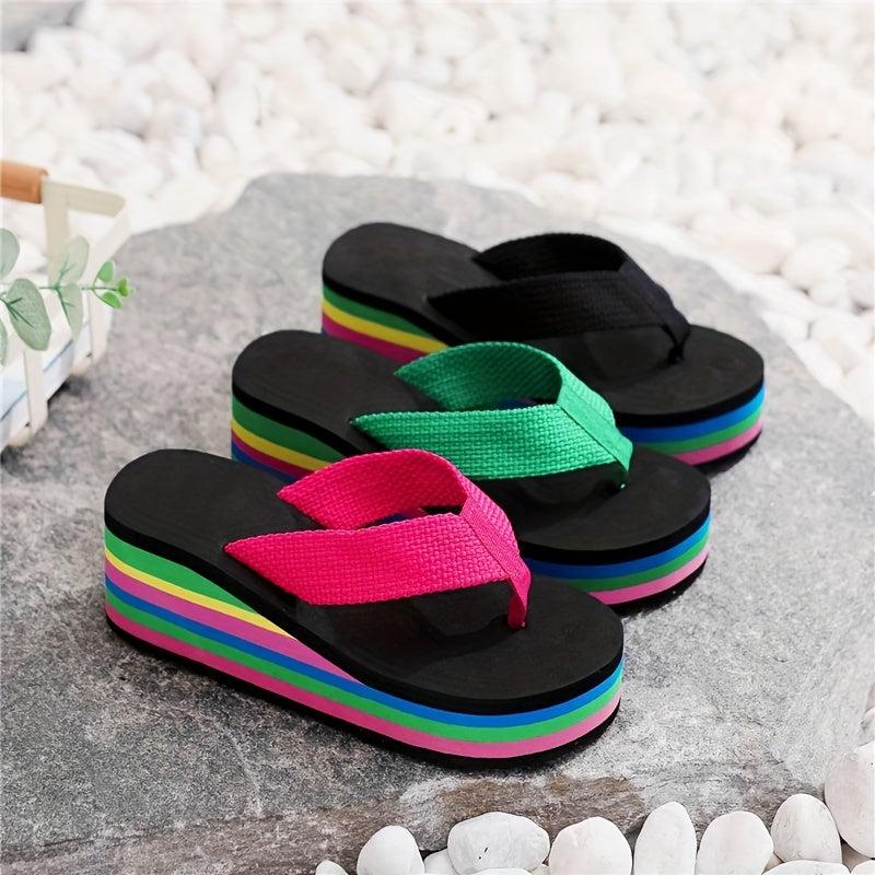 Women's Rainbow Platform Wedge Flip Flops Slides