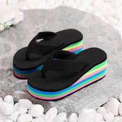 Women's Rainbow Platform Wedge Flip Flops Slides