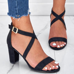 Cross Strap Block Heel Sandals Open Toe Buckle High Heels
