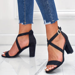 Cross Strap Block Heel Sandals Open Toe Buckle High Heels