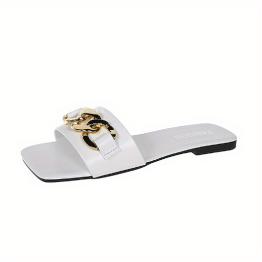 Metal Chain Decor Flat Slippers Square Open Toe Non Slip Slides Shoes
