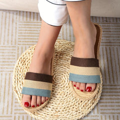 Women's Colorblock Flat Sandals Slip On Open Toe Non slip Linen Sole Slides