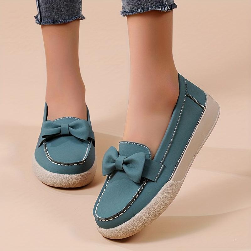 Women's Bowknot Flat Loafers Round Toe Faux Leather Slip On Flats