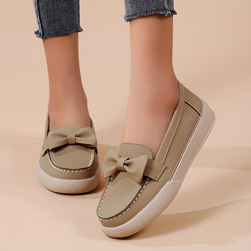 Women's Bowknot Flat Loafers Round Toe Faux Leather Slip On Flats