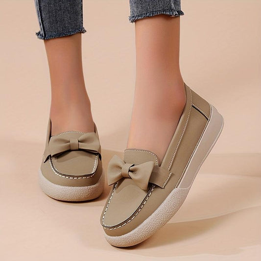 Women's Bowknot Flat Loafers Round Toe Faux Leather Slip On Flats