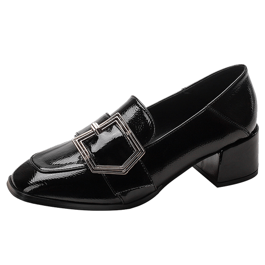 Women's Buckle Strap Block Mid Heels Loafers Square Toe British