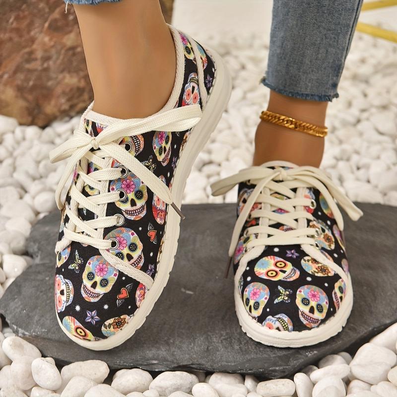 Colorful Skull Graphic Sneakers Lace Up Flat Canvas Shoes