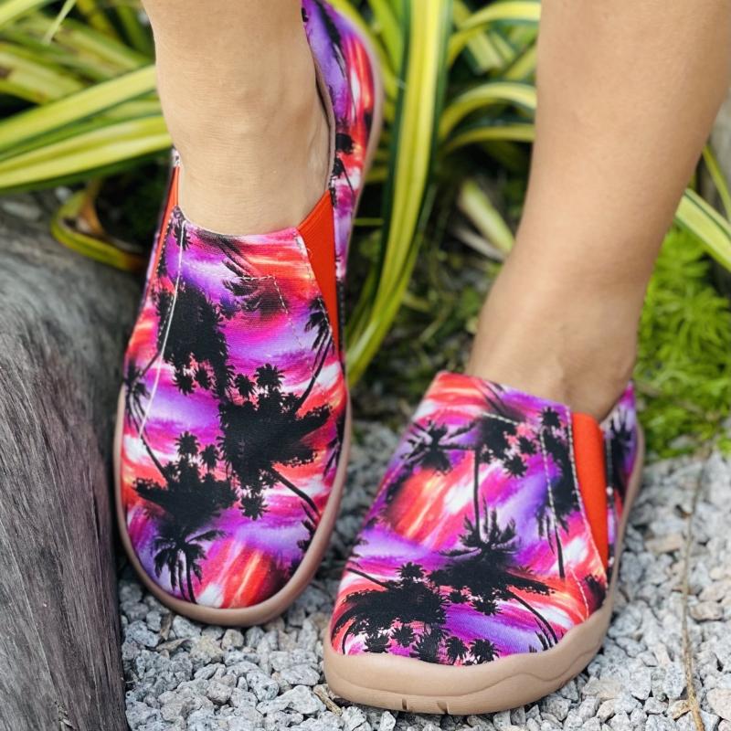 Women's Tie Dye Coconut Tree Slip On Canvas Shoes Lightweight Round Toe Flat