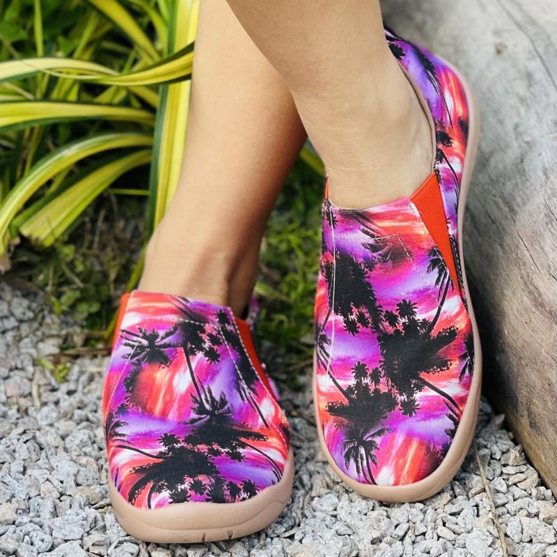 Women's Tie Dye Coconut Tree Slip On Canvas Shoes Lightweight Round Toe Flat