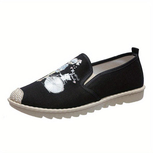 Women's Cartoon Print Flat Loafers Linen Slip On Canvas Shoes