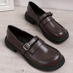 Women's Chunky Heel Loafers British Style Buckle Strap Shoes