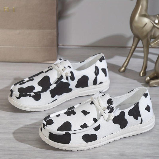 Women's Cow Pattern Canvas Lace-Up Sneakers Lightweight Outdoor Shoes