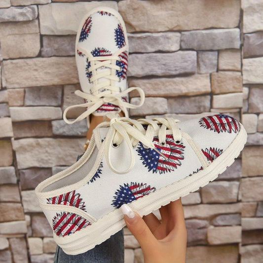 Women's Sunflower Canvas Shoes Flag Graphic Lace Up Flat Sneakers
