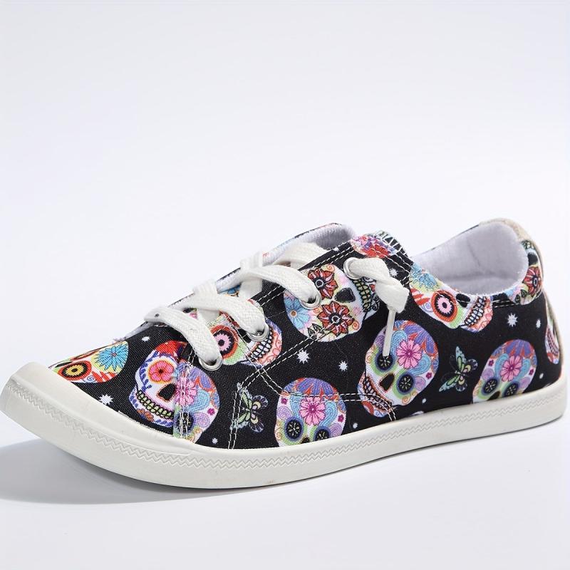 Women's Halloween Skull Canvas Sneakers Low Top Casual Walking Shoes