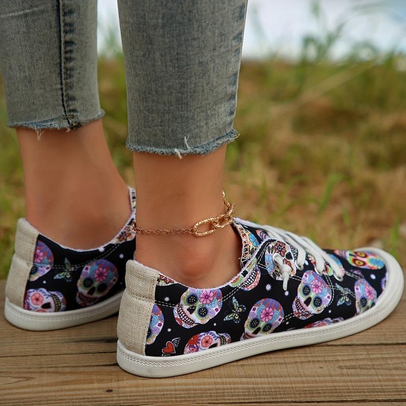 Women's Halloween Skull Canvas Sneakers Low Top Casual Walking Shoes