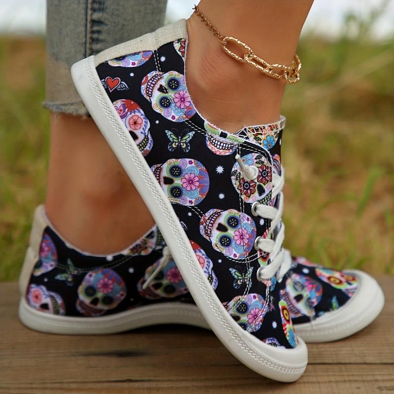 Women's Halloween Skull Canvas Sneakers Low Top Casual Walking Shoes