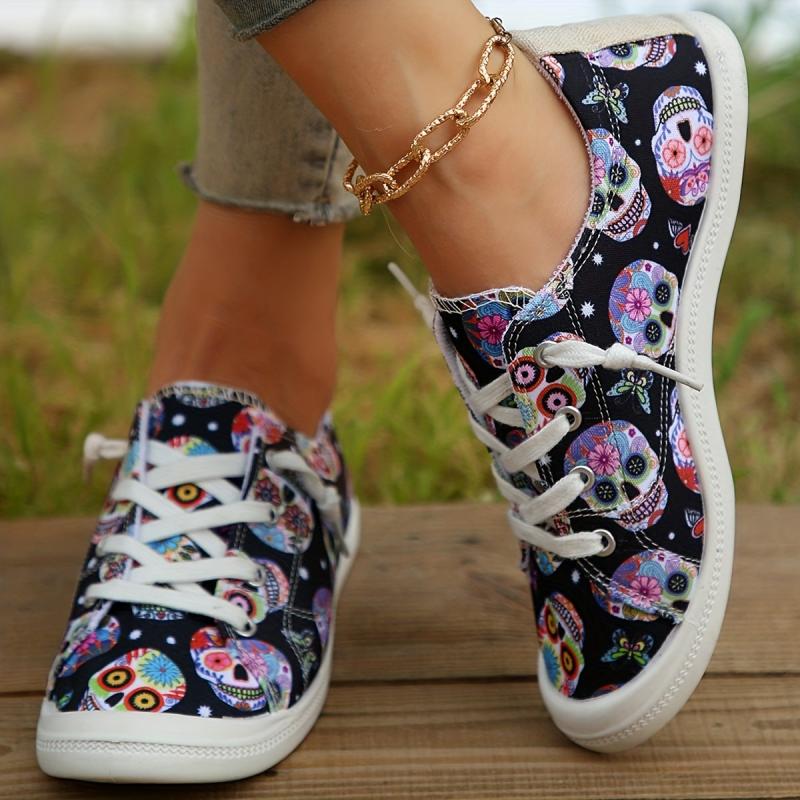 Women's Halloween Skull Canvas Sneakers Low Top Casual Walking Shoes