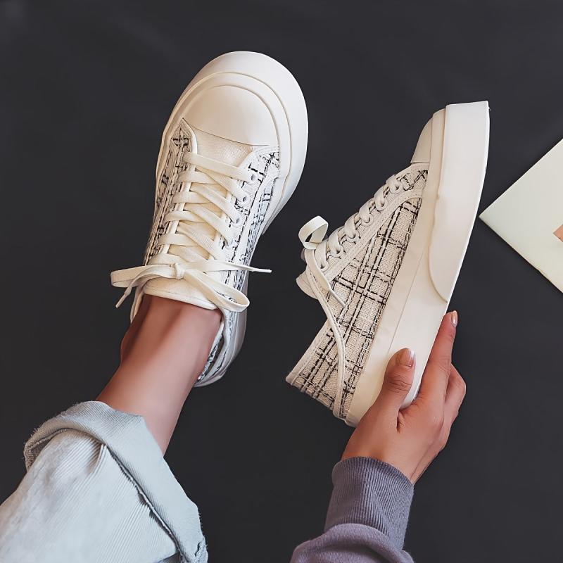 Canvas Platform Sneakers Plaid Lace Up Shoes Women's Footwear