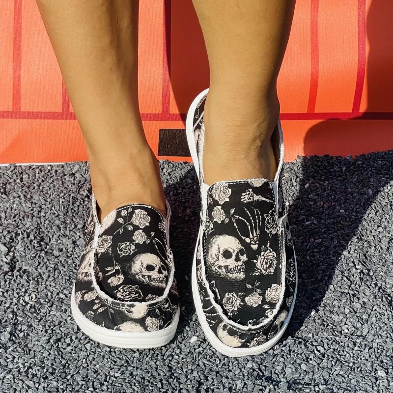 Floral & Skull Slip On Canvas Shoes Halloween Loafers