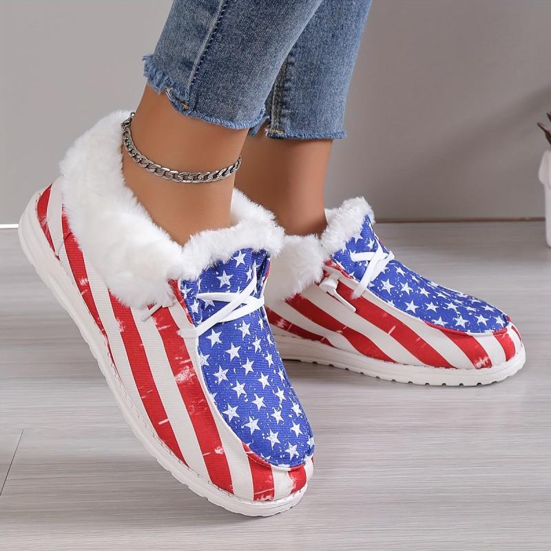 Women's Plush Lined Snow Boots Star Print & Striped Low Top Canvas Shoes