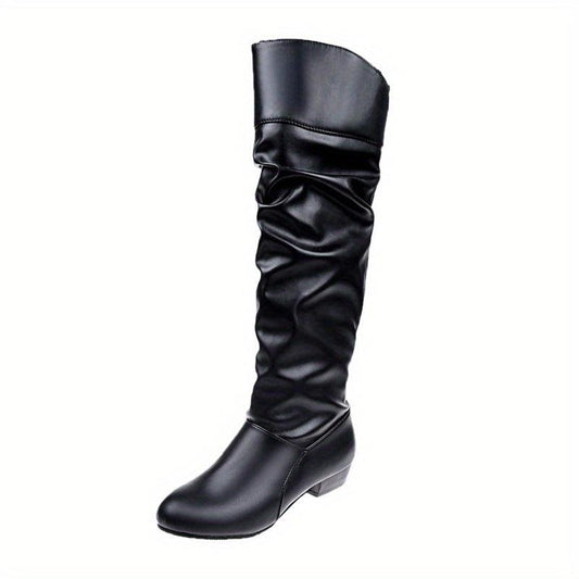 Women's Slouchy Mid Calf Boots Low Heeled Pull On Boots