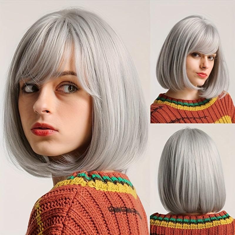 Short Blonde Bob Wigs With Bangs Heat Resistant Synthetic Fiber Natural Look