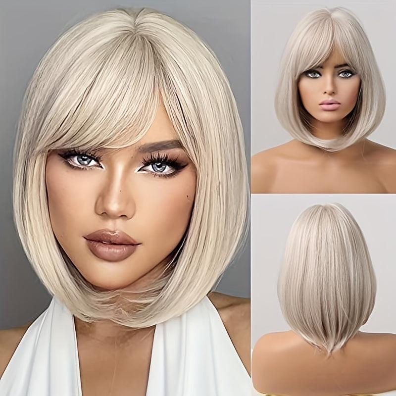 Short Blonde Bob Wigs With Bangs Heat Resistant Synthetic Fiber Natural Look
